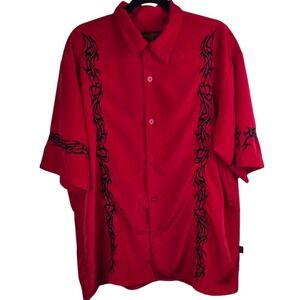 Dragonfly Tribal Button Up Camp Shirt Men's XL Red Black Goth Punk Retro Graphic